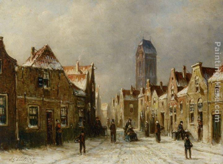 Pieter Gerard Vertin Figures in the streets of a snow covered dutch town